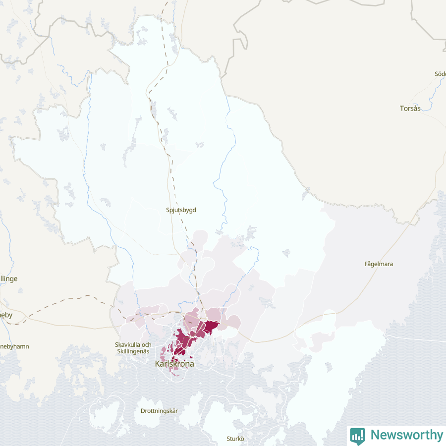 Karta som visar antalet cykelstölder i olika delar av Karlskrona kommun, även i tabell nedan