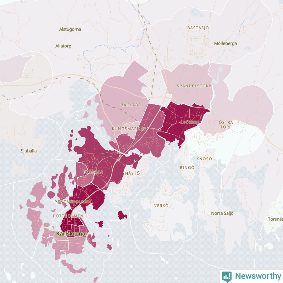 Karta som visar antalet cykelstölder i olika delar av Karlskrona, se tabell ovan