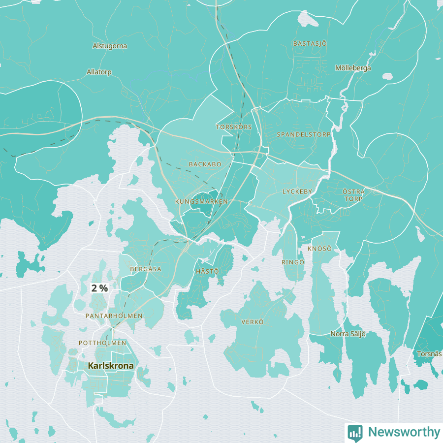 Karta över andel av befolkningen är mellan 0 och 4 år per område i Karlskrona 2024.