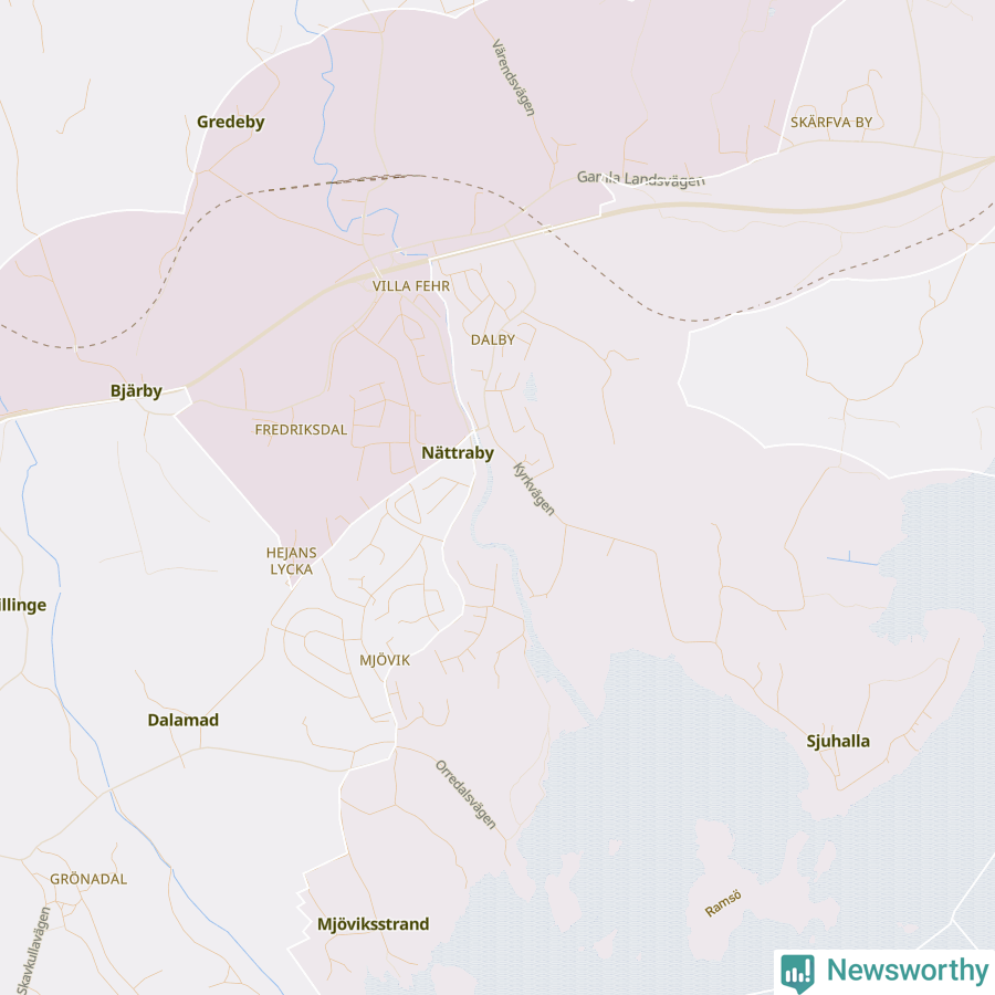 Karta som visar antalet cykelstölder i olika delar av Nättraby, se tabell ovan