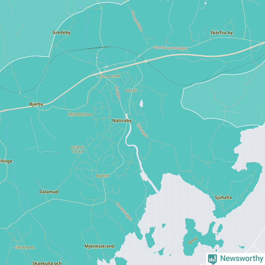 Karta över andel av befolkningen är mellan 0 och 4 år per område i Nättraby 2024.