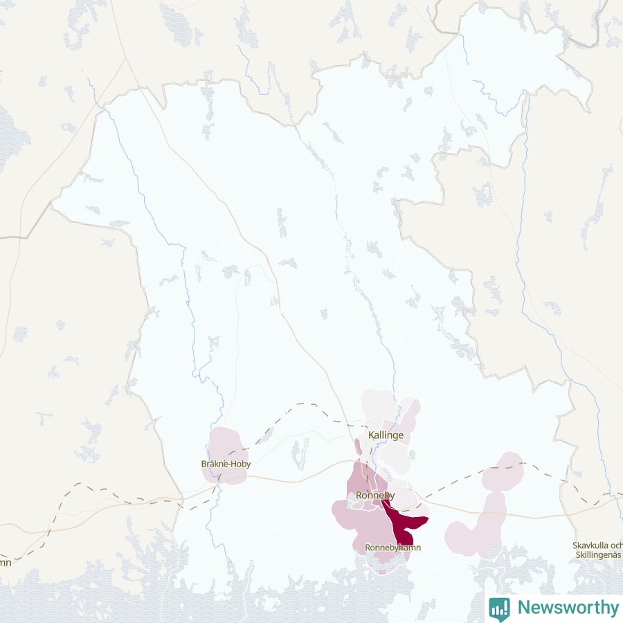 Karta som visar antalet cykelstölder i olika delar av Ronneby kommun, även i tabell nedan