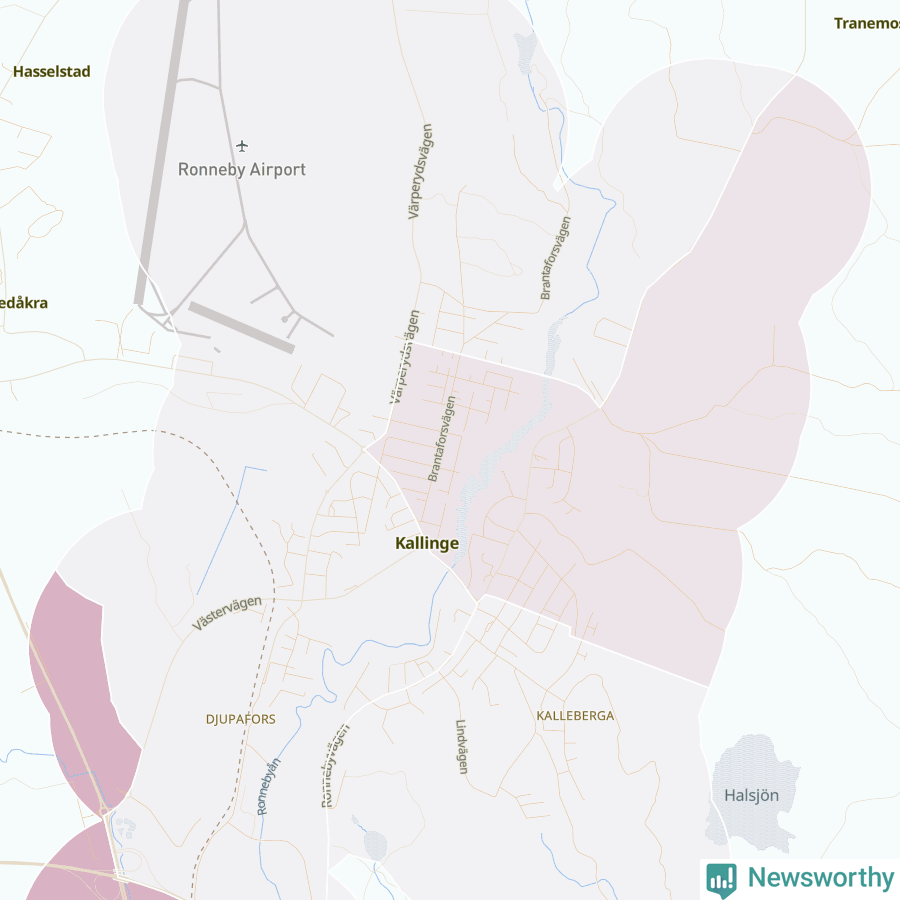 Karta som visar antalet cykelstölder i olika delar av Kallinge, se tabell ovan
