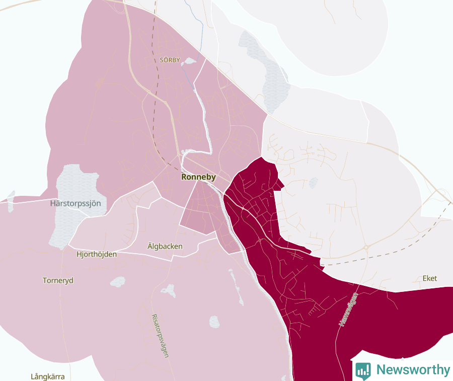 Karta som visar antalet cykelstölder i olika delar av Ronneby, se tabell ovan