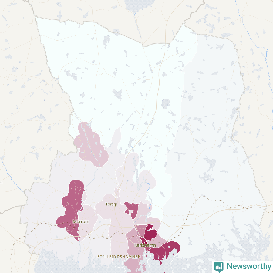 Karta som visar antalet cykelstölder i olika delar av Karlshamns kommun, även i tabell nedan