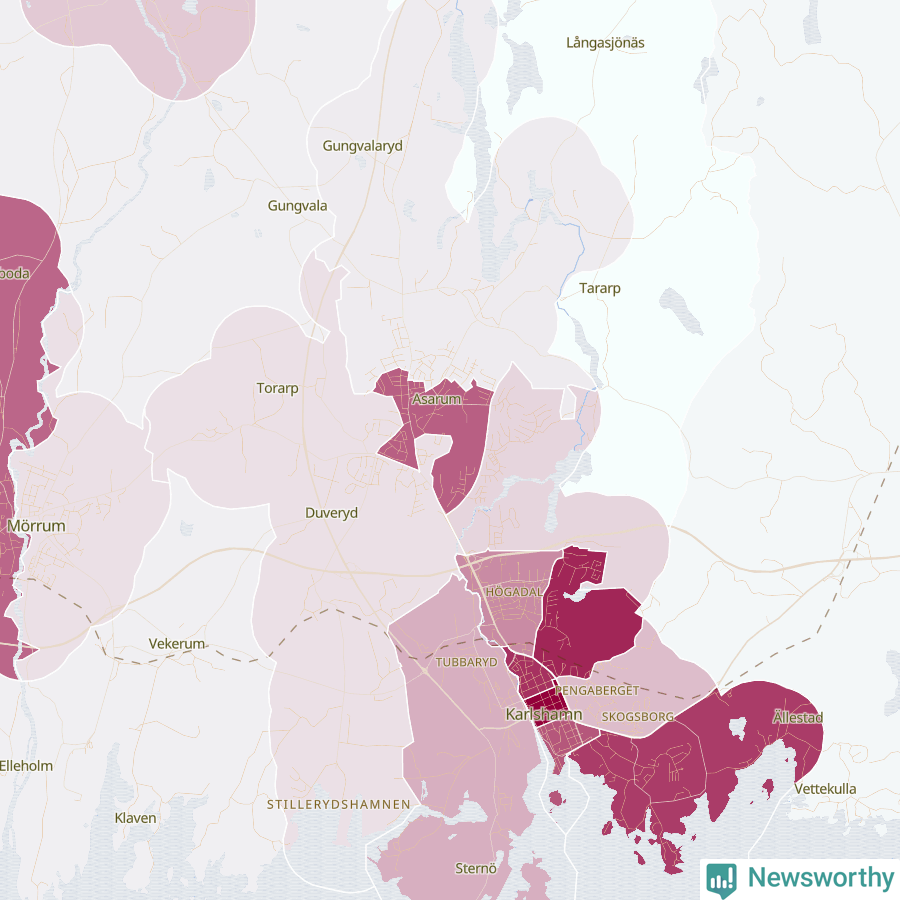 Karta som visar antalet cykelstölder i olika delar av Karlshamn, se tabell ovan