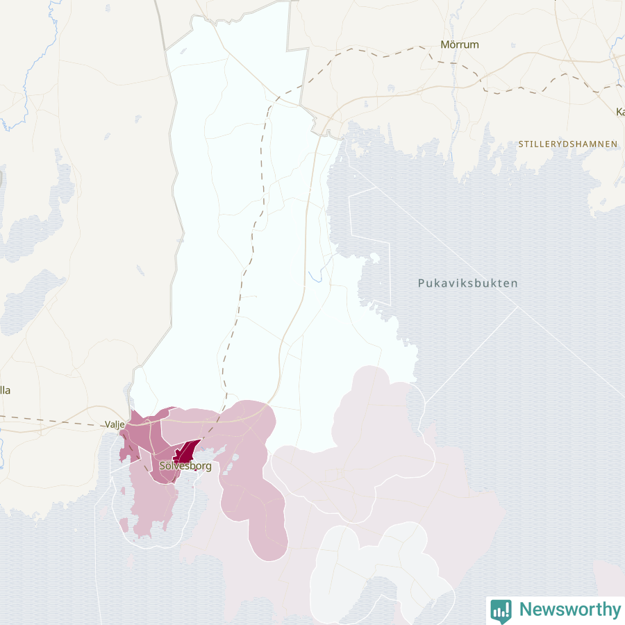 Karta som visar antalet cykelstölder i olika delar av Sölvesborgs kommun, även i tabell nedan