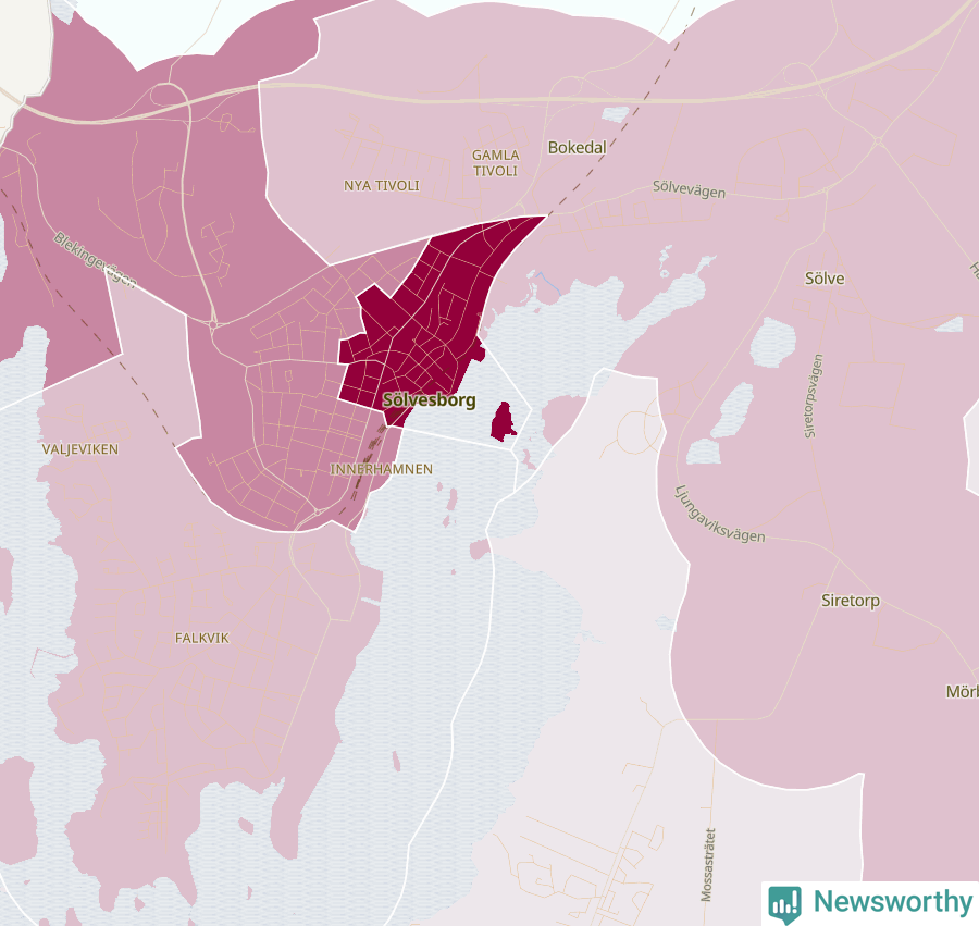 Karta som visar antalet cykelstölder i olika delar av Sölvesborg, se tabell ovan