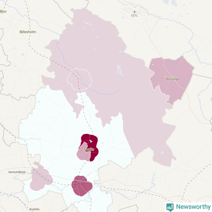 Karta som visar antalet cykelstölder i olika delar av Svalövs kommun, även i tabell nedan