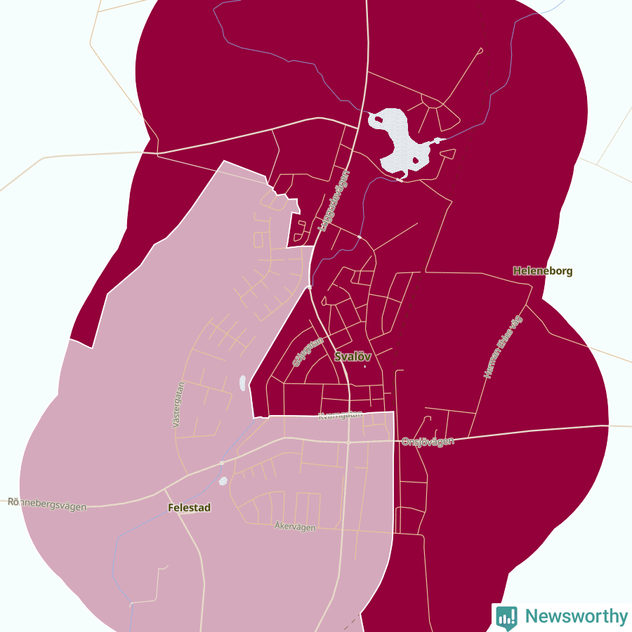 Karta som visar antalet cykelstölder i olika delar av Svalöv, se tabell ovan