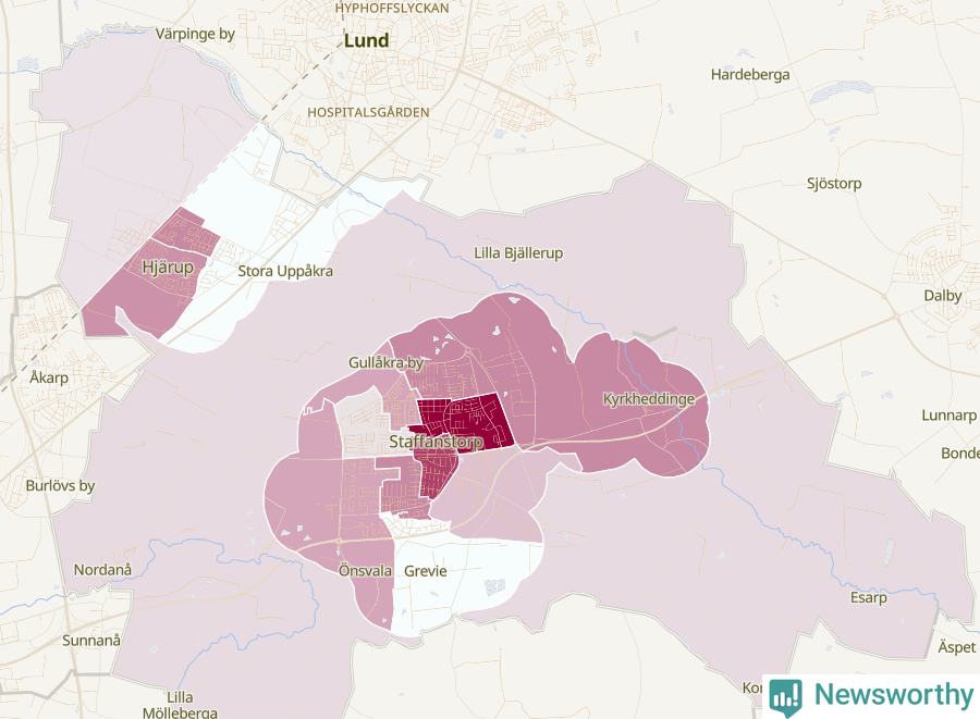 Karta som visar antalet cykelstölder i olika delar av Staffanstorps kommun, även i tabell nedan