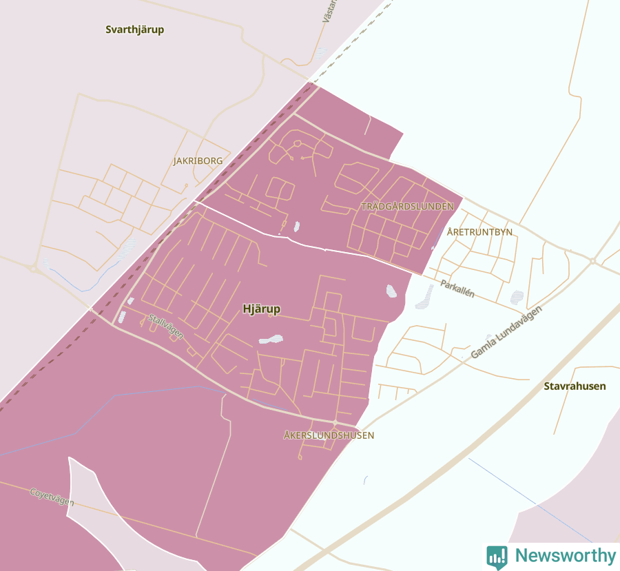 Karta som visar antalet cykelstölder i olika delar av Hjärup, se tabell ovan