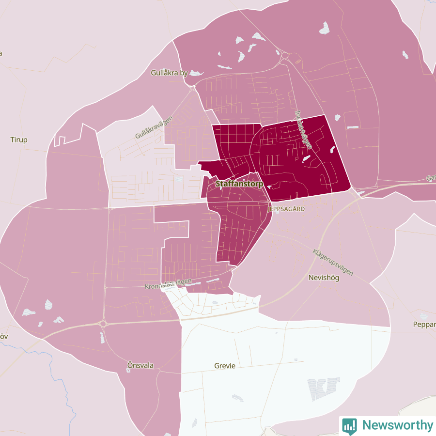 Karta som visar antalet cykelstölder i olika delar av Staffanstorp, se tabell ovan