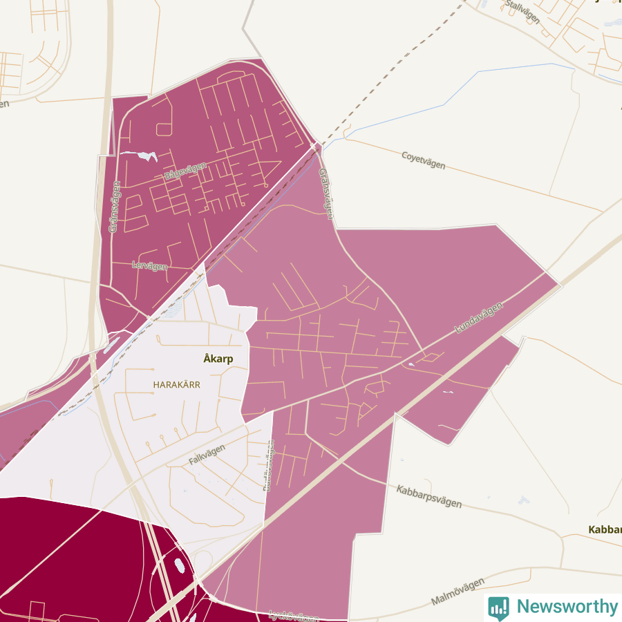 Karta som visar antalet cykelstölder i olika delar av Åkarp, se tabell ovan