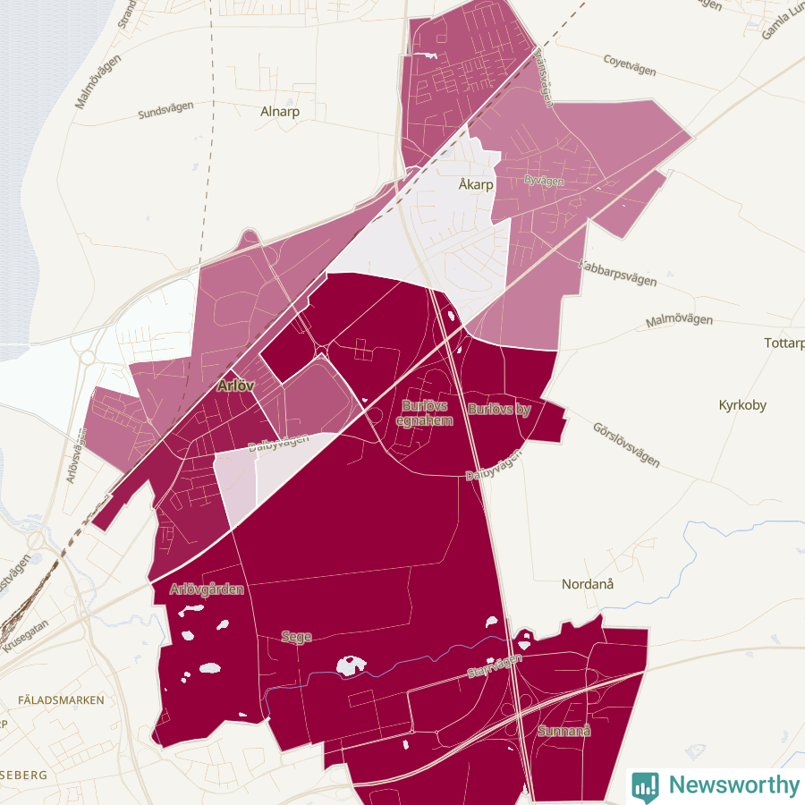 Karta som visar antalet cykelstölder i olika delar av Burlövs kommun, även i tabell nedan