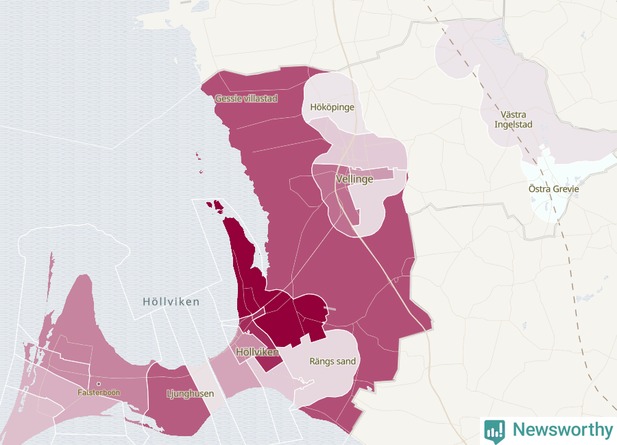 Karta som visar antalet cykelstölder i olika delar av Vellinge kommun, även i tabell nedan