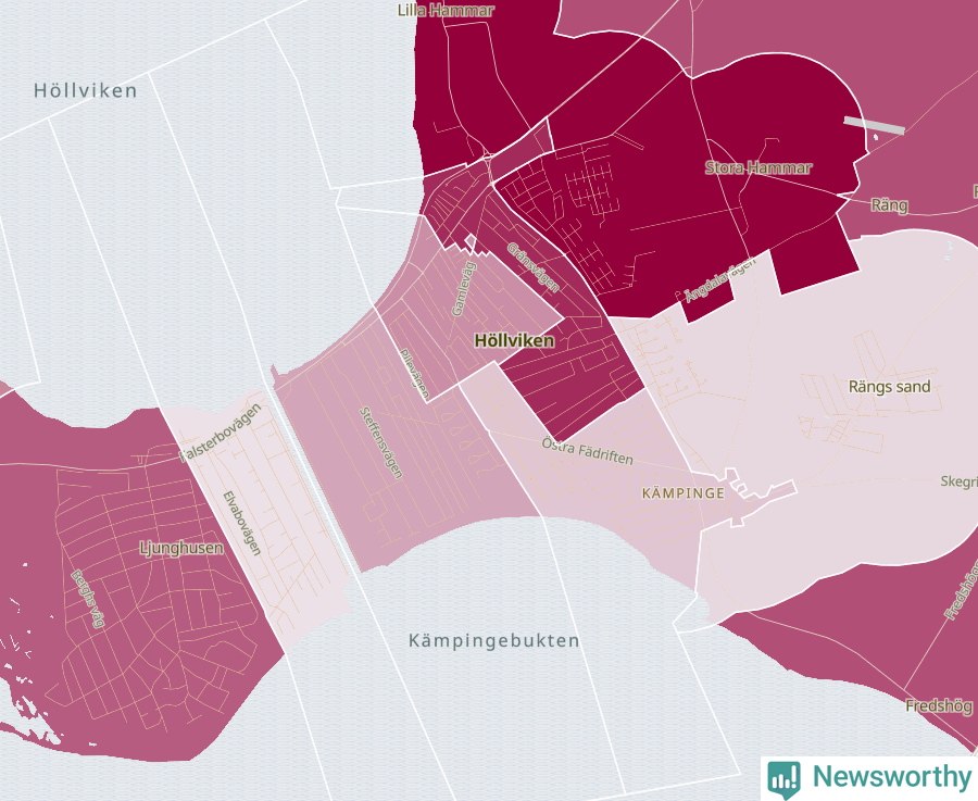 Karta som visar antalet cykelstölder i olika delar av Höllviken och Ljunghusen, se tabell ovan