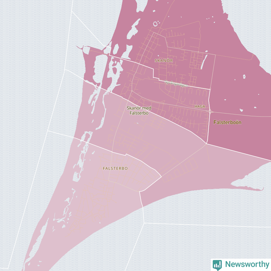 Karta som visar antalet cykelstölder i olika delar av Skanör med Falsterbo, se tabell ovan