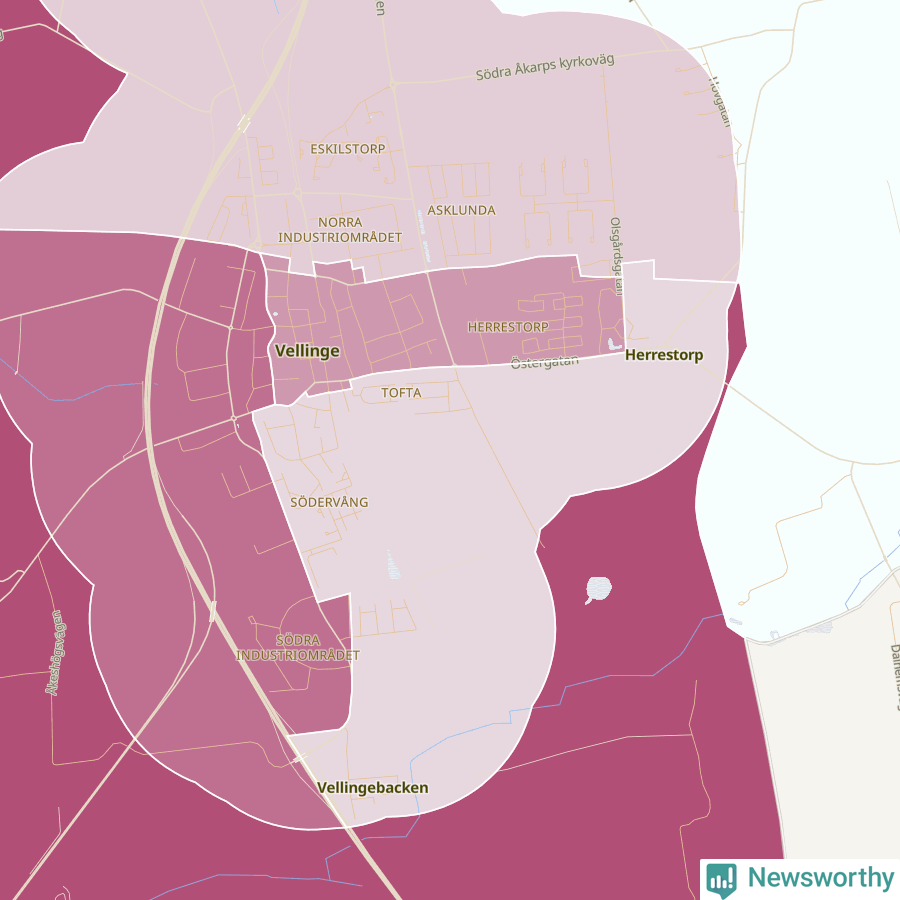 Karta som visar antalet cykelstölder i olika delar av Vellinge, se tabell ovan