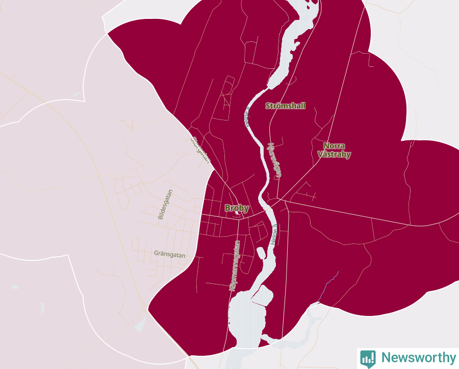 Karta som visar antalet cykelstölder i olika delar av Broby, se tabell ovan