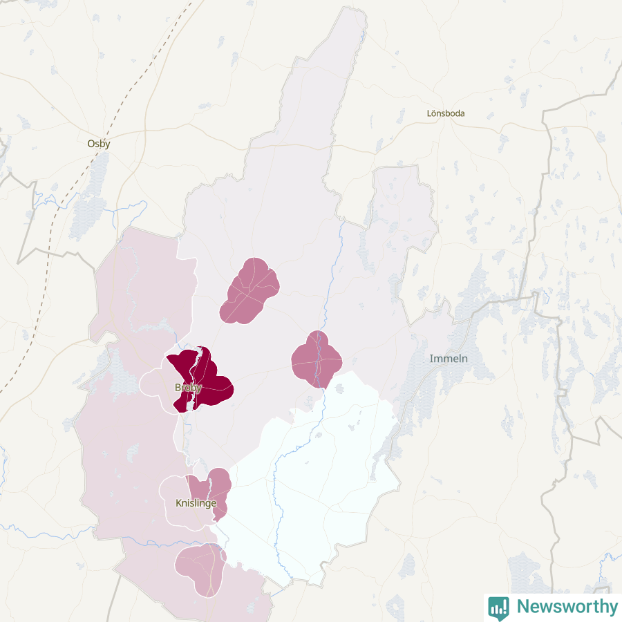 Karta som visar antalet cykelstölder i olika delar av Östra Göinge kommun, även i tabell nedan
