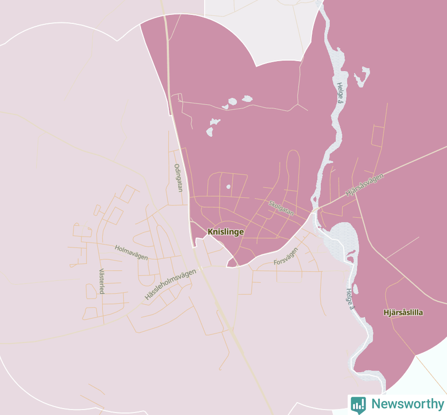 Karta som visar antalet cykelstölder i olika delar av Knislinge, se tabell ovan