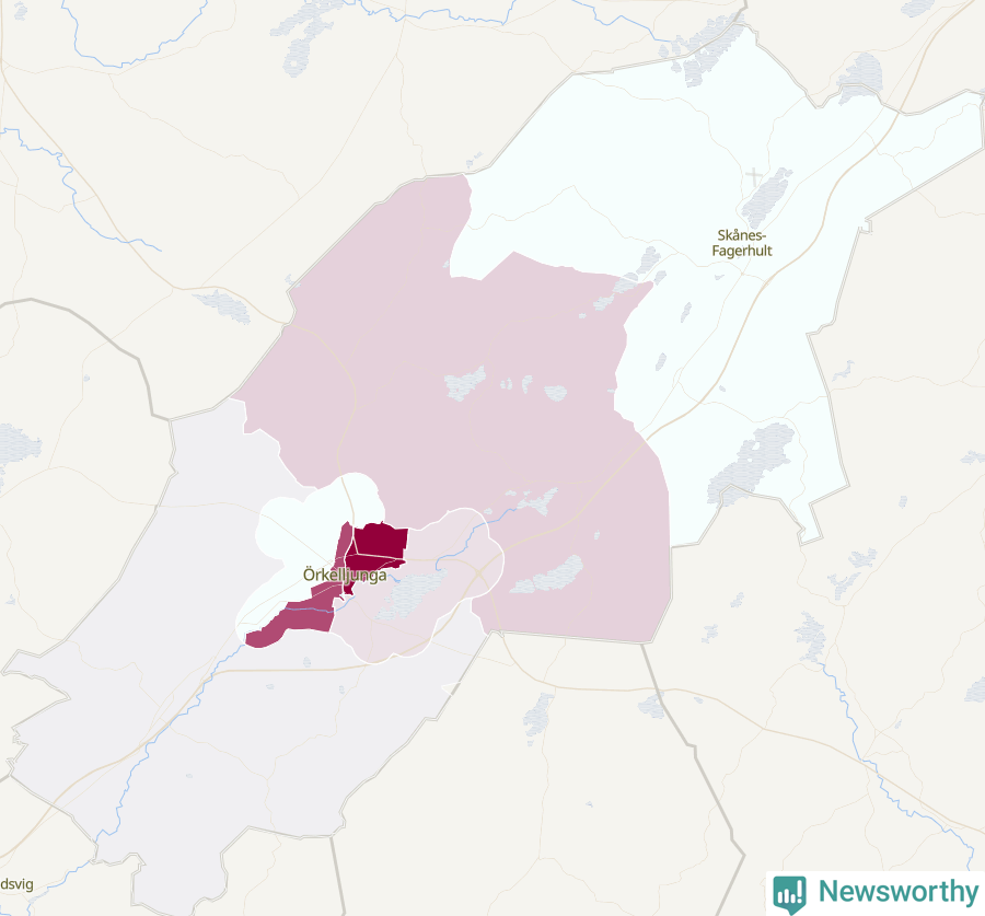 Karta som visar antalet cykelstölder i olika delar av Örkelljunga kommun, även i tabell nedan