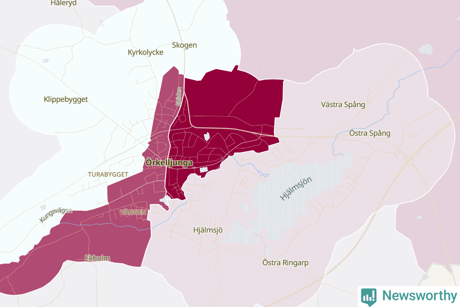 Karta som visar antalet cykelstölder i olika delar av Örkelljunga, se tabell ovan