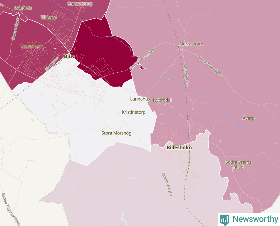 Karta som visar antalet cykelstölder i olika delar av Bjuv, se tabell ovan