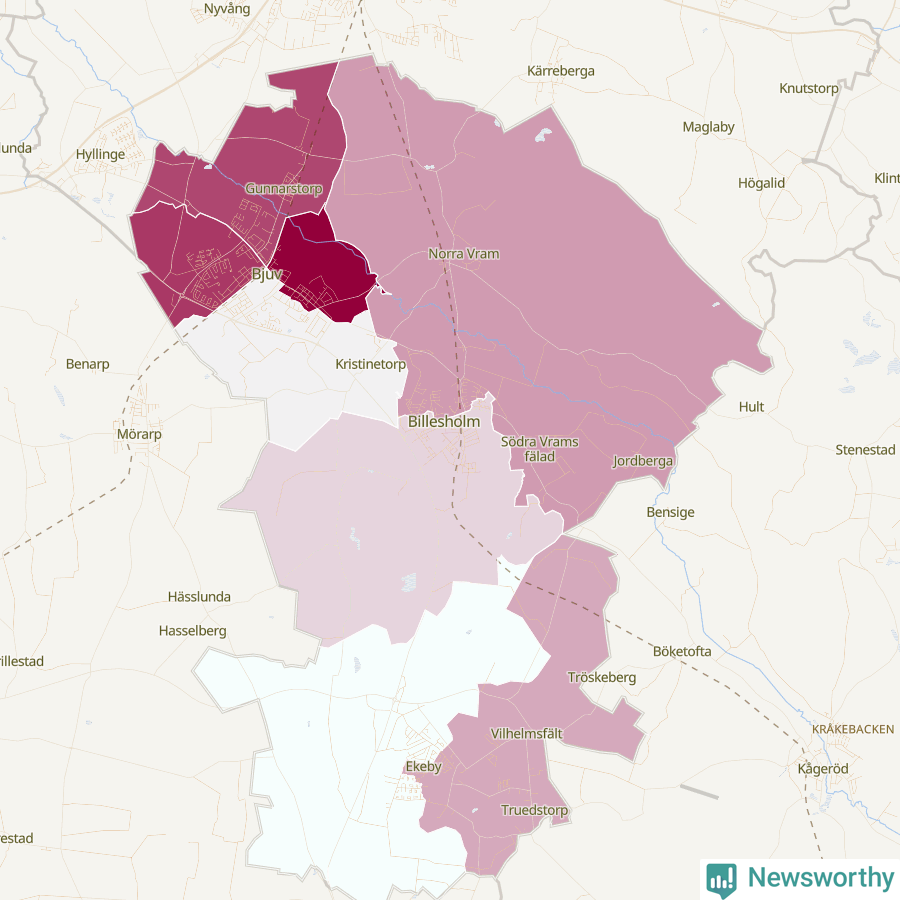Karta som visar antalet cykelstölder i olika delar av Bjuvs kommun, även i tabell nedan