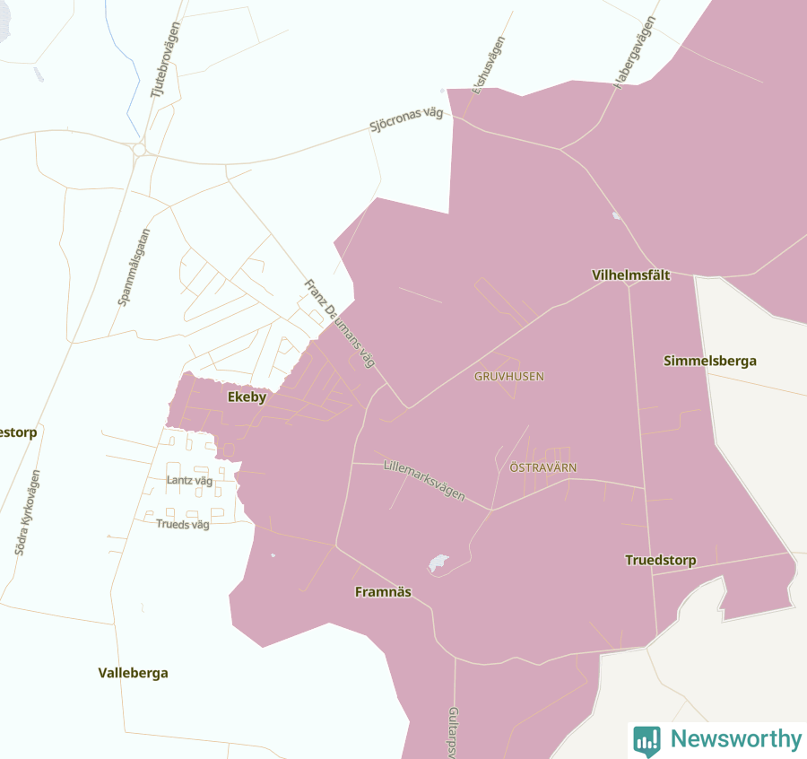 Karta som visar antalet cykelstölder i olika delar av Ekeby, se tabell ovan
