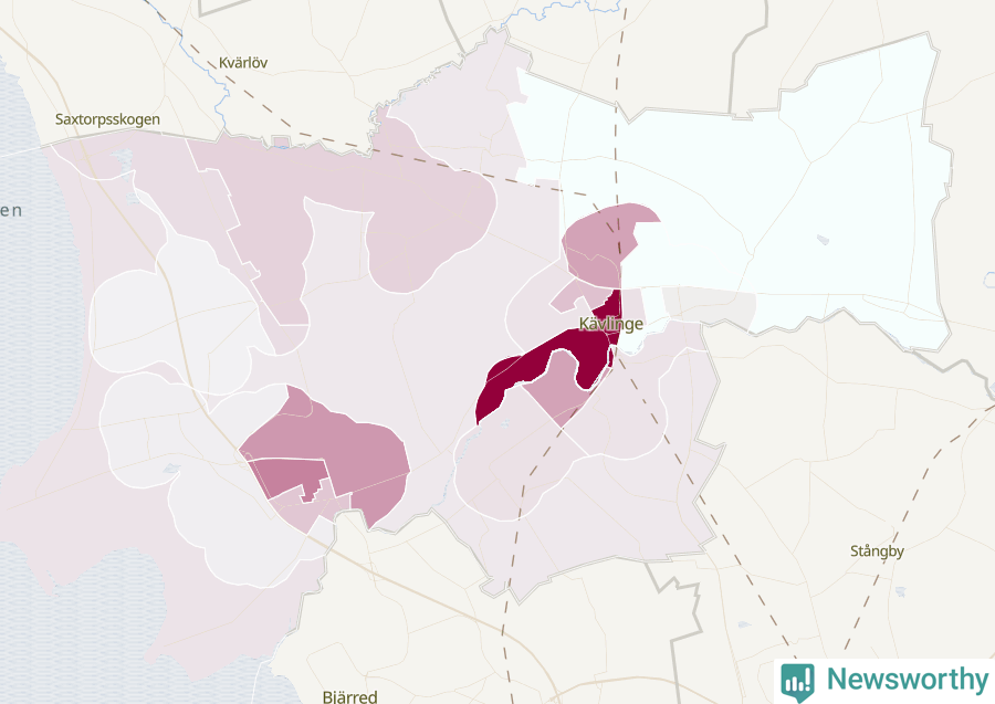 Karta som visar antalet cykelstölder i olika delar av Kävlinge kommun, även i tabell nedan