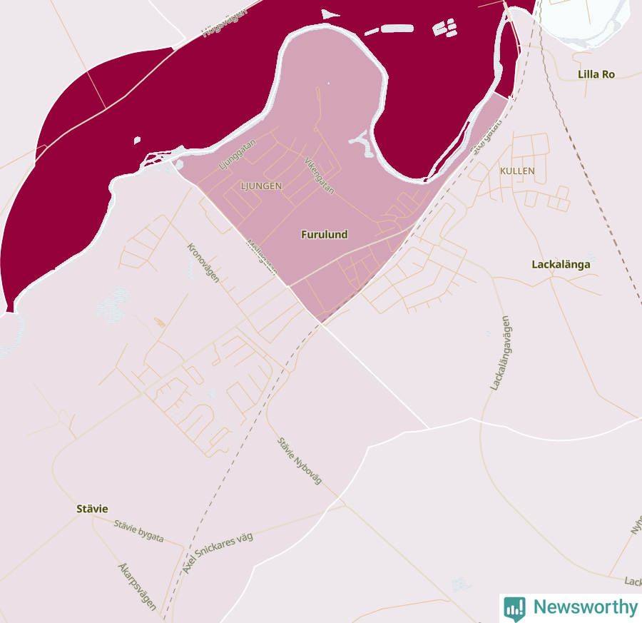 Karta som visar antalet cykelstölder i olika delar av Furulund, se tabell ovan