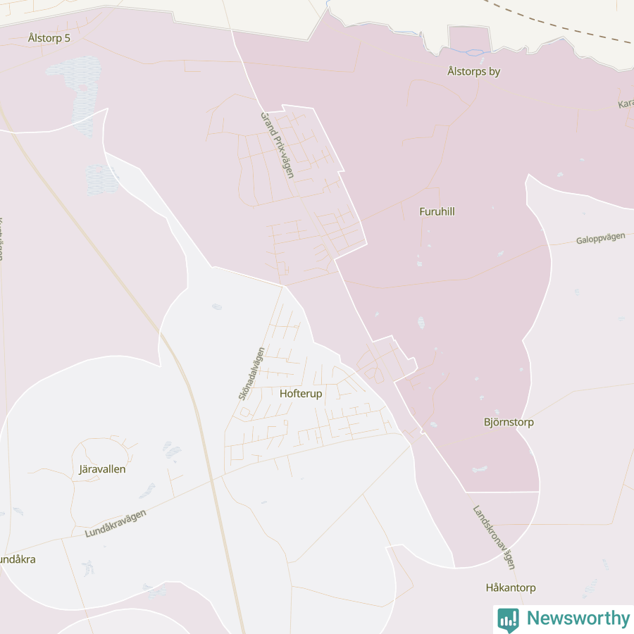 Karta som visar antalet cykelstölder i olika delar av Hofterup, se tabell ovan