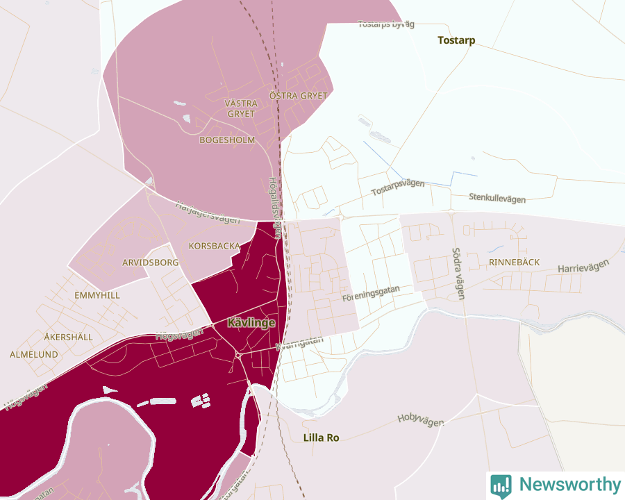 Karta som visar antalet cykelstölder i olika delar av Kävlinge, se tabell ovan