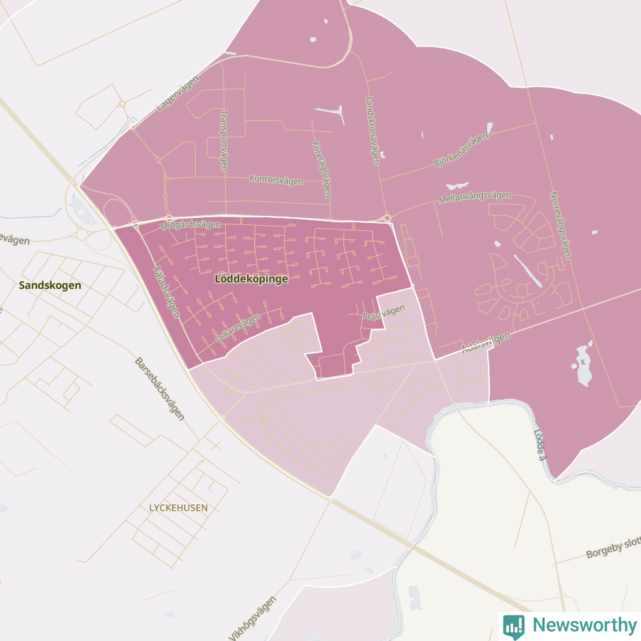 Karta som visar antalet cykelstölder i olika delar av Löddeköpinge, se tabell ovan