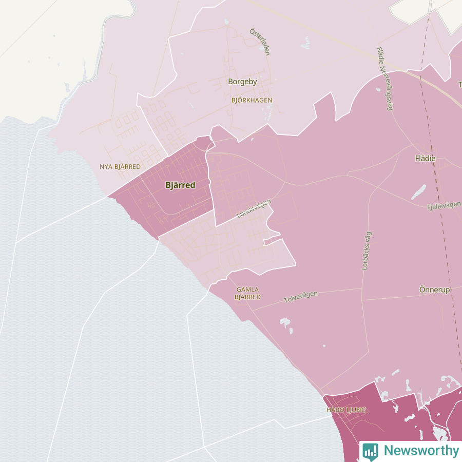 Karta som visar antalet cykelstölder i olika delar av Bjärred, se tabell ovan