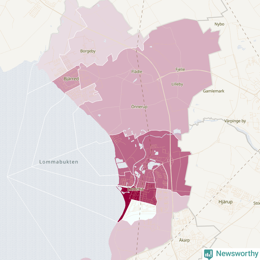 Karta som visar antalet cykelstölder i olika delar av Lomma kommun, även i tabell nedan
