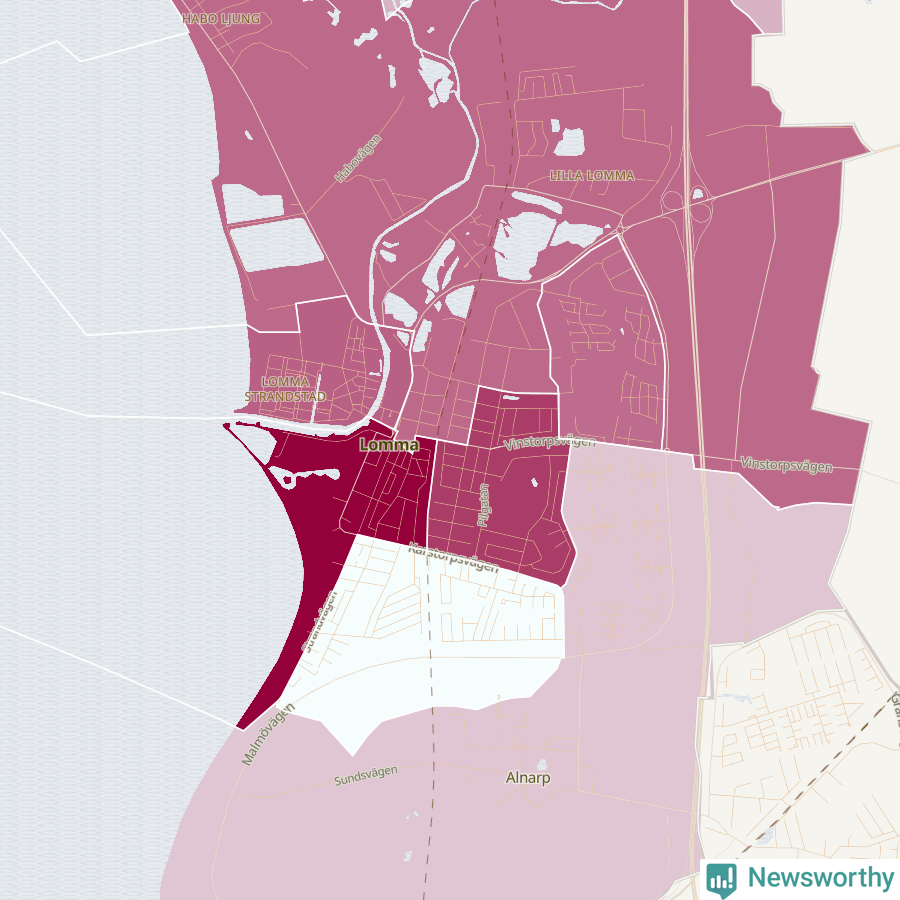 Karta som visar antalet cykelstölder i olika delar av Lomma, se tabell ovan