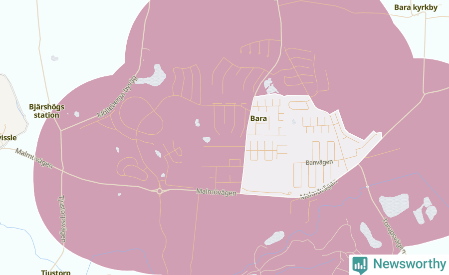 Karta som visar antalet cykelstölder i olika delar av Bara, se tabell ovan