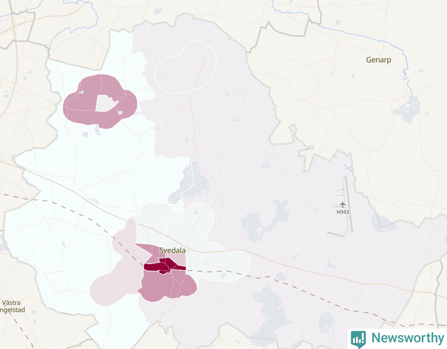 Karta som visar antalet cykelstölder i olika delar av Svedala kommun, även i tabell nedan