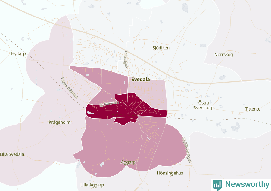 Karta som visar antalet cykelstölder i olika delar av Svedala, se tabell ovan