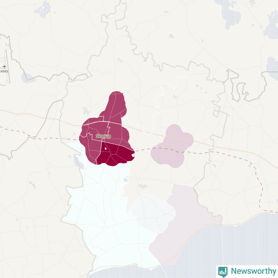 Karta som visar antalet cykelstölder i olika delar av Skurups kommun, även i tabell nedan