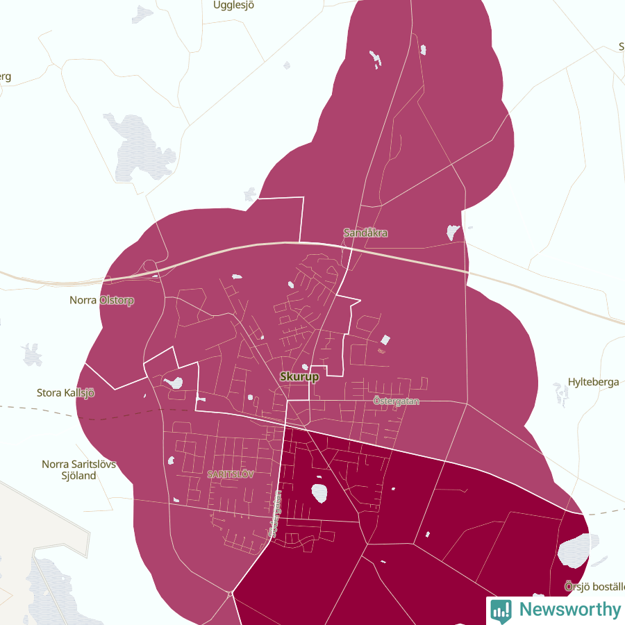 Karta som visar antalet cykelstölder i olika delar av Skurup, se tabell ovan