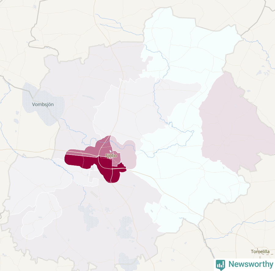 Karta som visar antalet cykelstölder i olika delar av Sjöbo kommun, även i tabell nedan