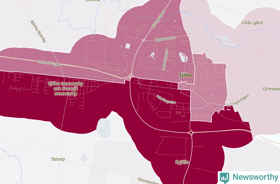 Karta som visar antalet cykelstölder i olika delar av Sjöbo, se tabell ovan