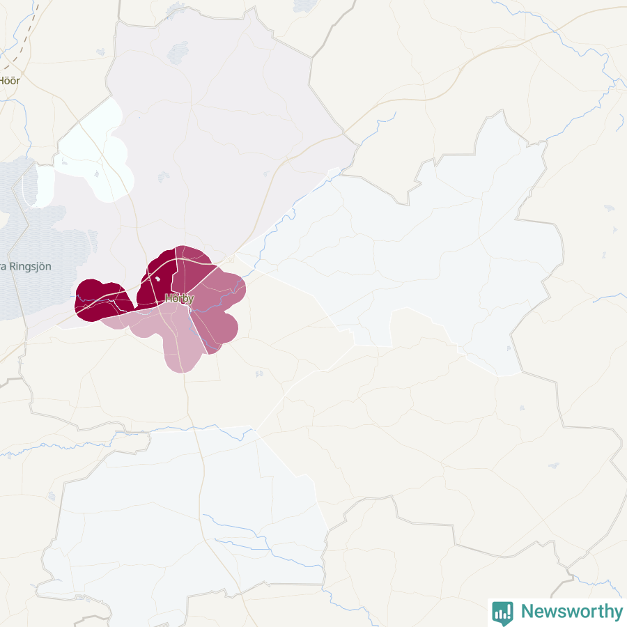 Karta som visar antalet cykelstölder i olika delar av Hörby kommun, även i tabell nedan