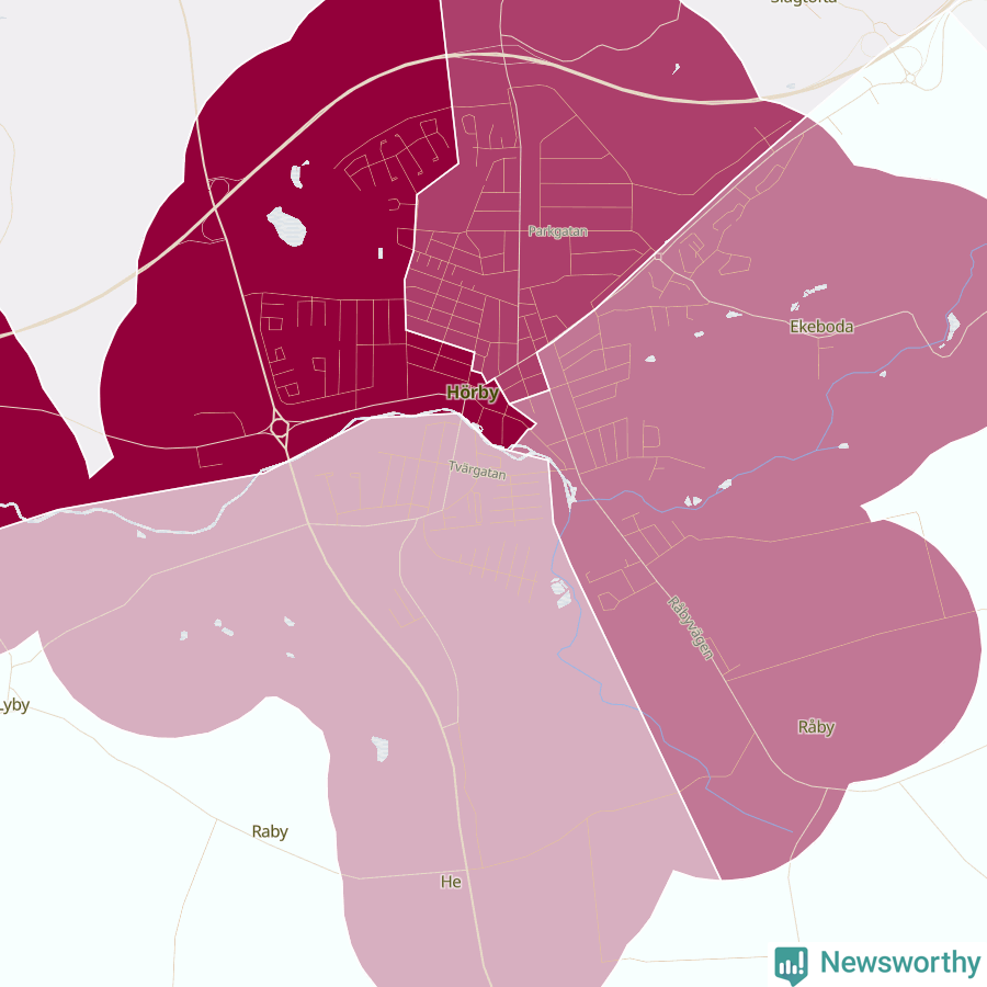 Karta som visar antalet cykelstölder i olika delar av Hörby, se tabell ovan