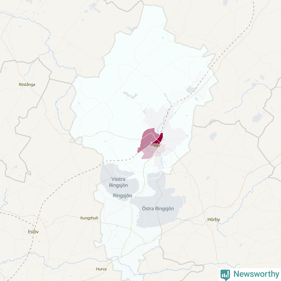 Karta som visar antalet cykelstölder i olika delar av Höörs kommun, även i tabell nedan