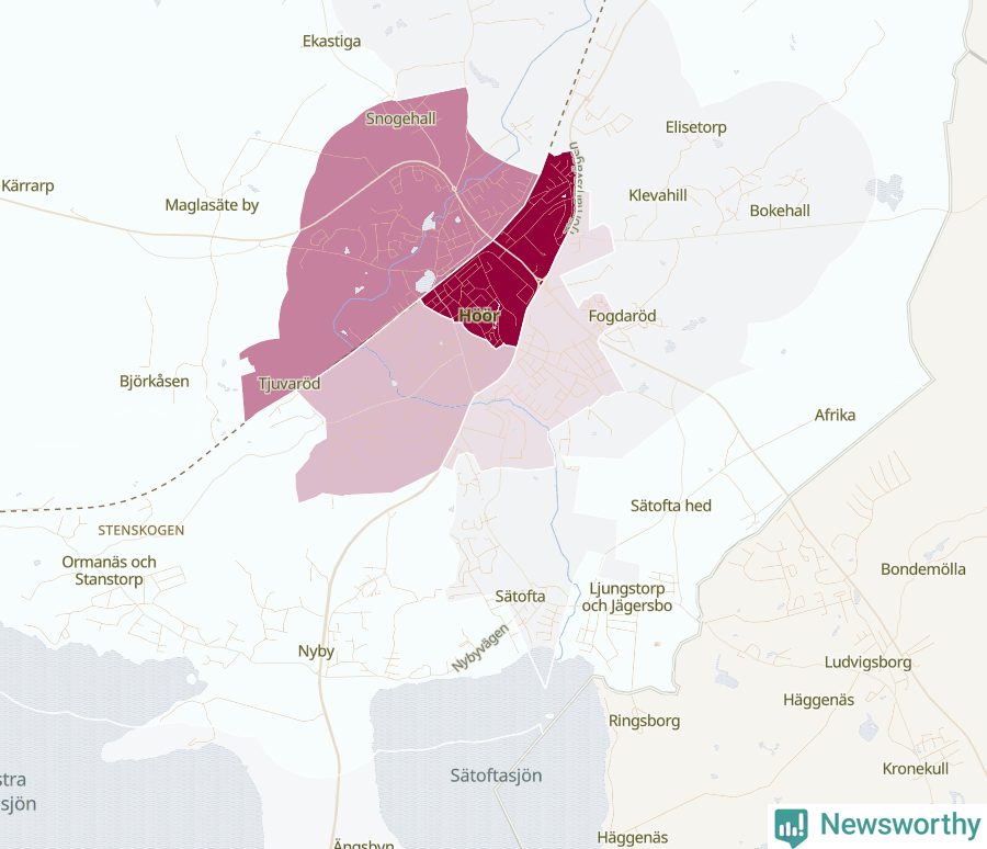 Karta som visar antalet cykelstölder i olika delar av Höör, se tabell ovan